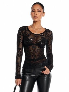 Royal Bones by Daang Goodman Black Sheer Skull Mesh Top L Goth Punk Emo Grunge